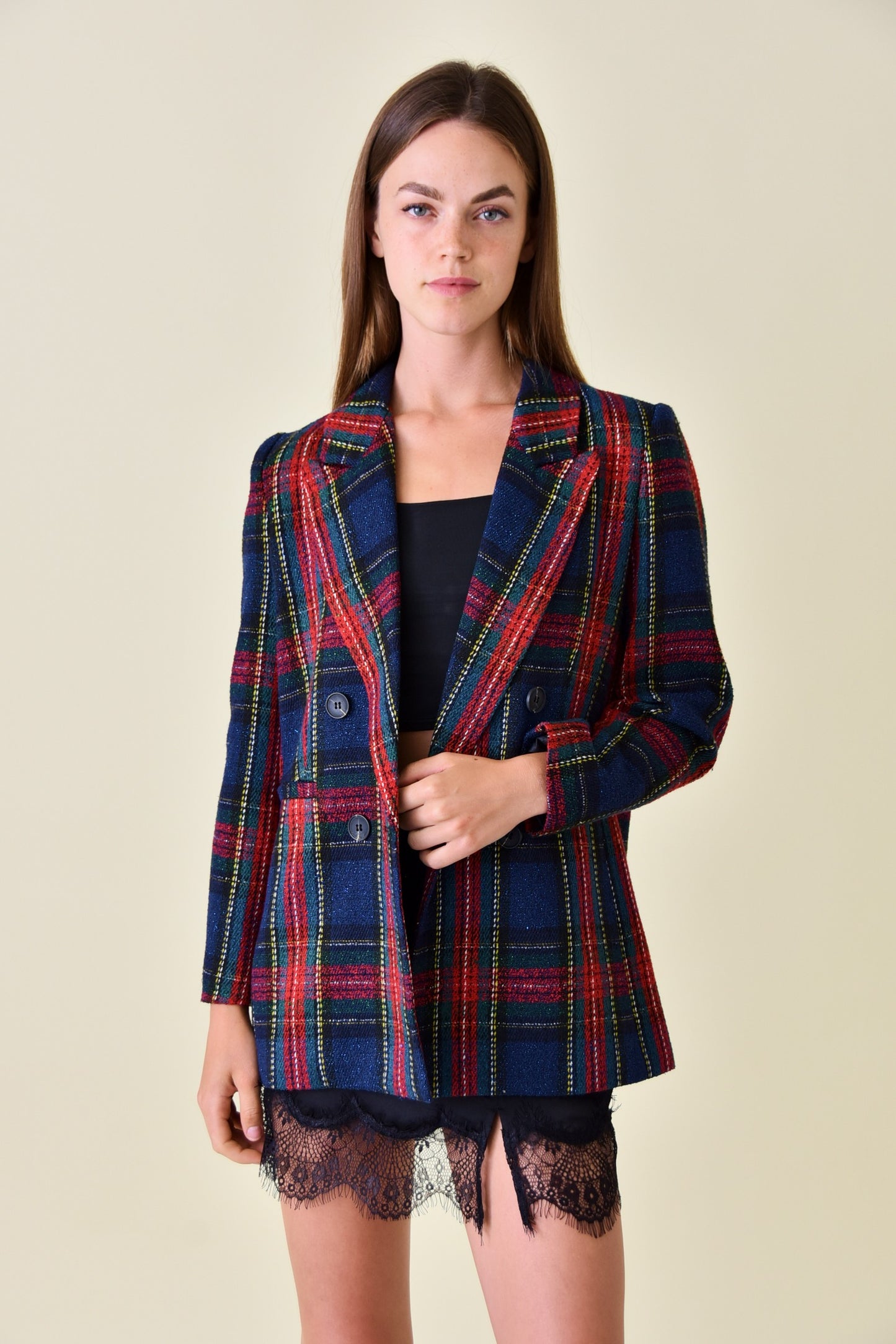 tweed double breasted tartan blazer