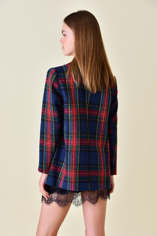 tweed double breasted tartan blazer