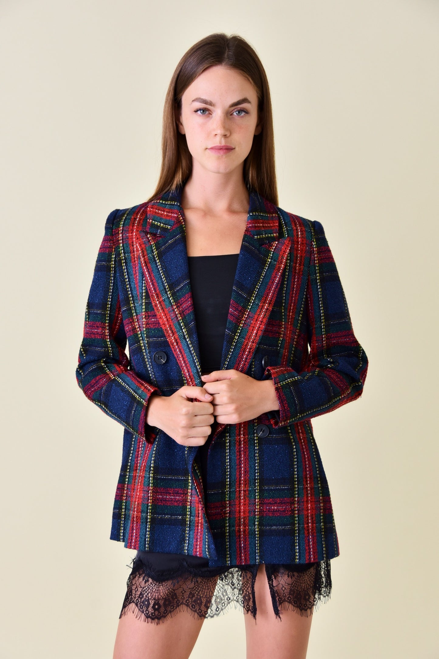 tweed double breasted tartan blazer