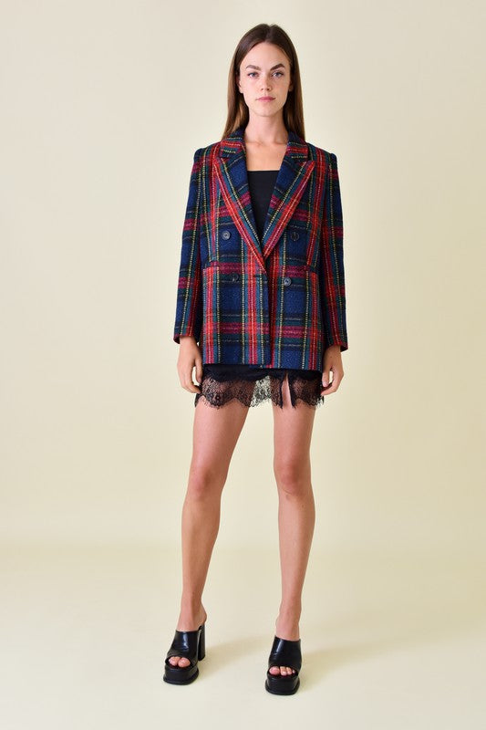 tweed double breasted tartan blazer