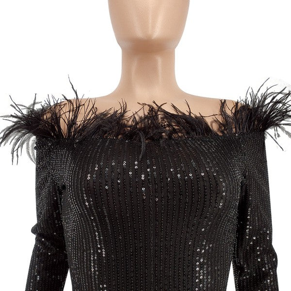 feather trim off shoulder sequin dress