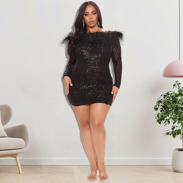 feather trim off shoulder sequin dress