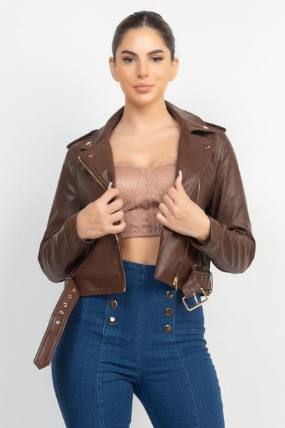 belted zip up faux leather moto jacket - RK Collections Boutique