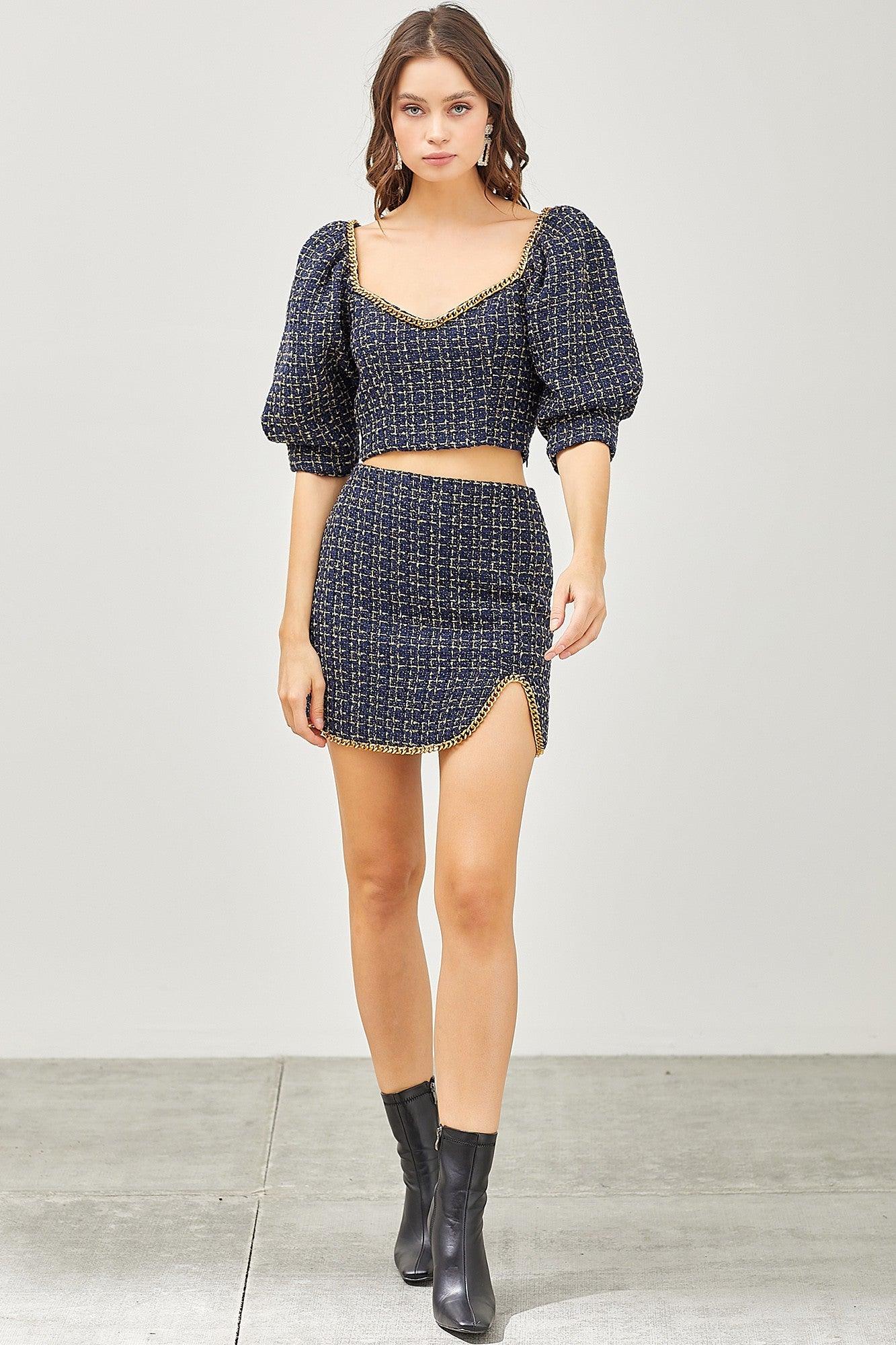 chain trim lurex tweed mini skirt - RK Collections Boutique