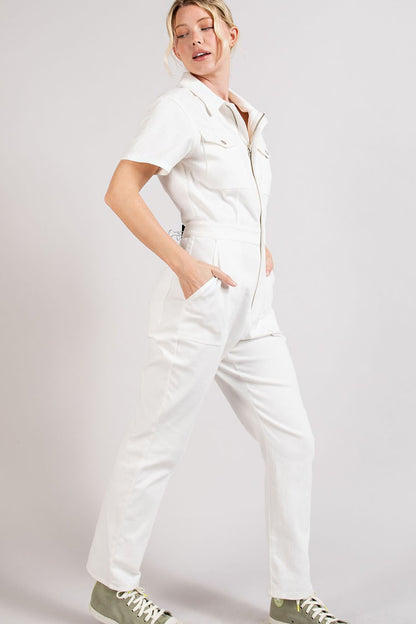 short sleeve zip front denim jumpsuit