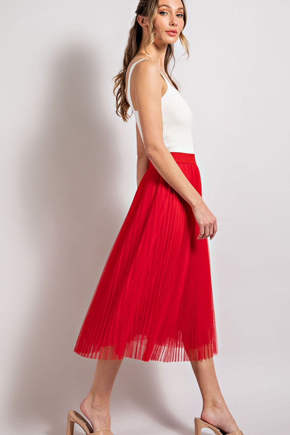 mesh pleated A-line midi skirt