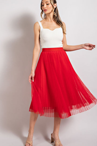 mesh pleated A-line midi skirt