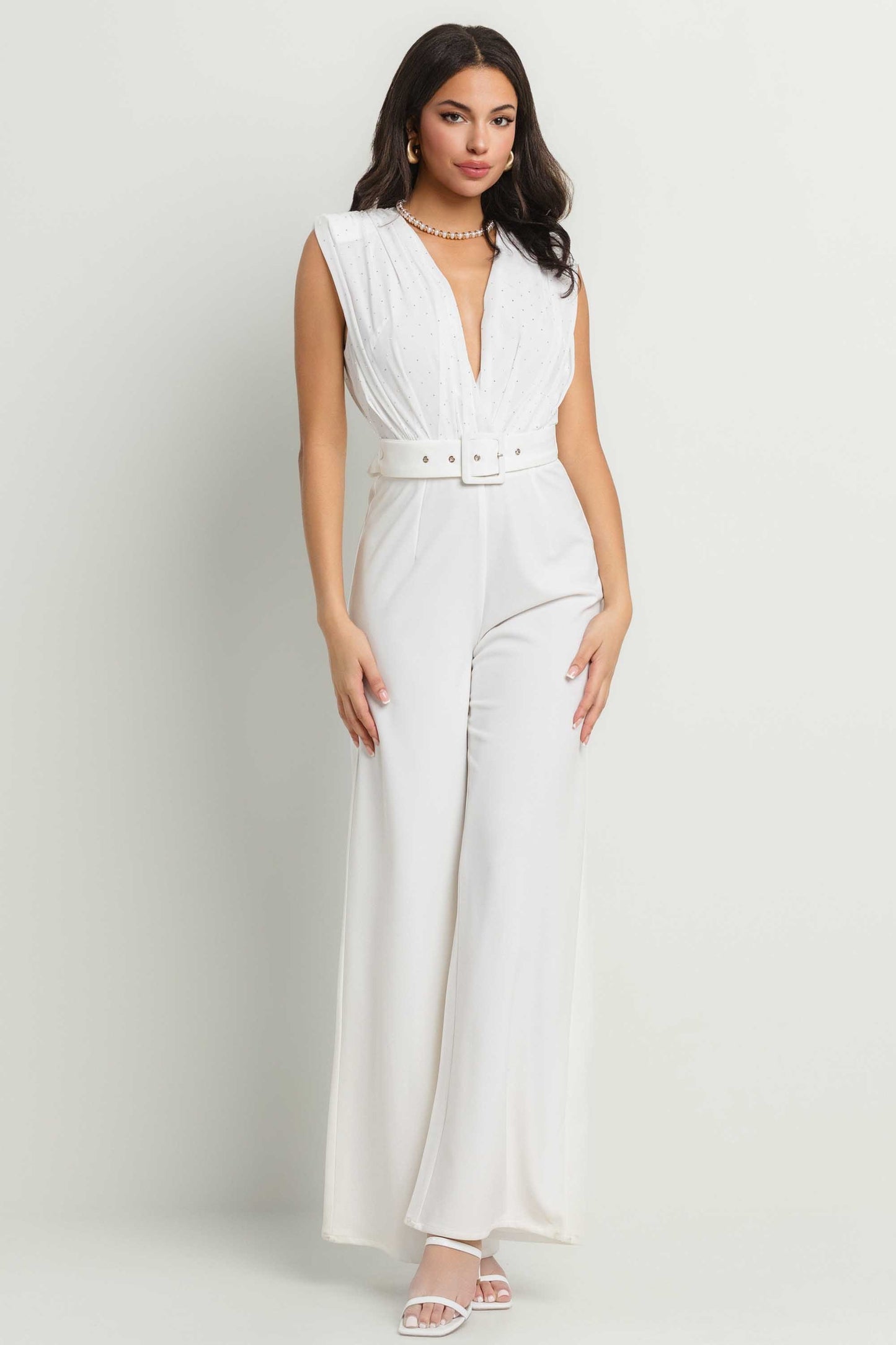 studded double v chiffon top belted jumpsuit