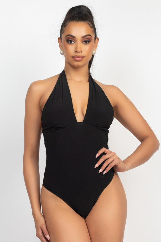 Plunge Halter Neck Solid Bodysuit