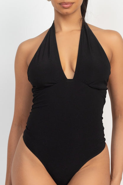 Plunge Halter Neck Solid Bodysuit