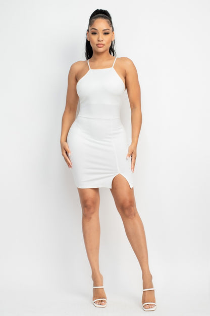 Halter Front Slit Ponte Bodycon Dress