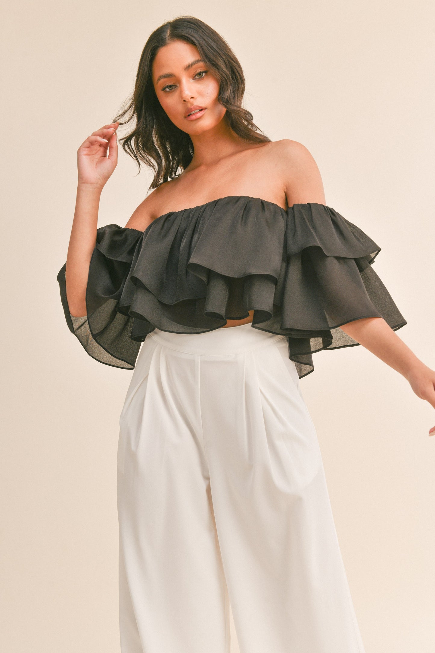 ruffle off the shoulder organza crop top