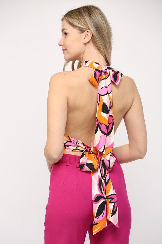 abstract floral tie back crop halter top - RK Collections Boutique