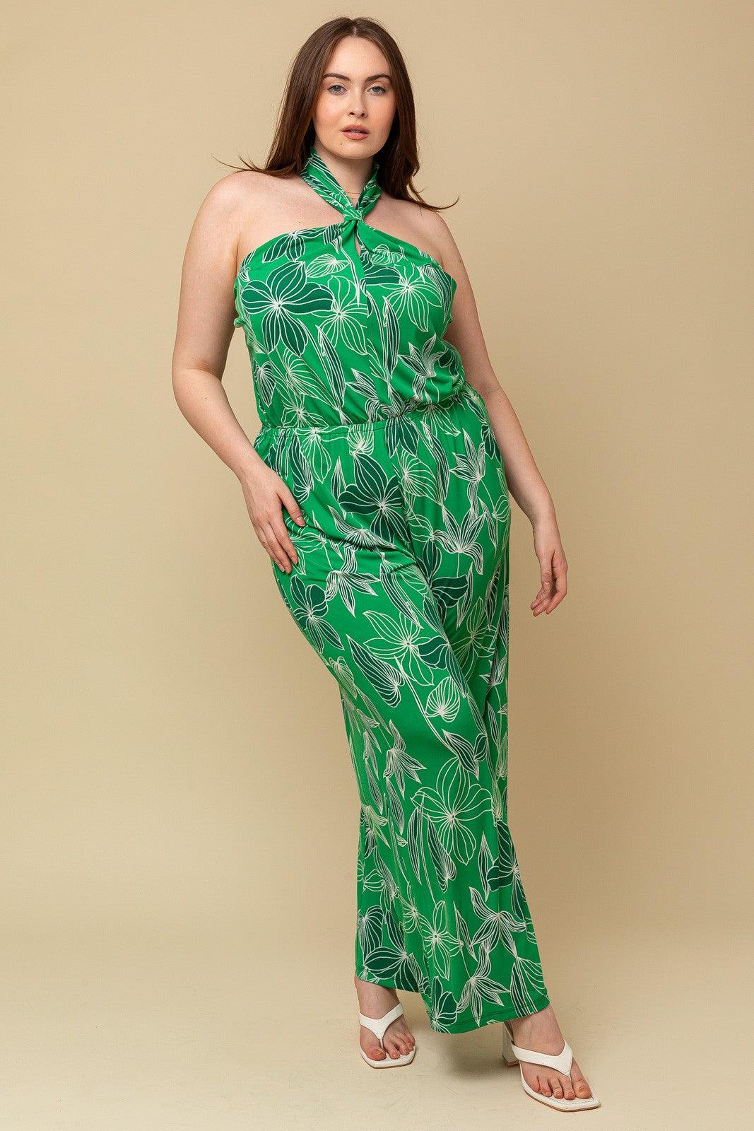 PLUS leaf print halte jumpsuit - RK Collections Boutique