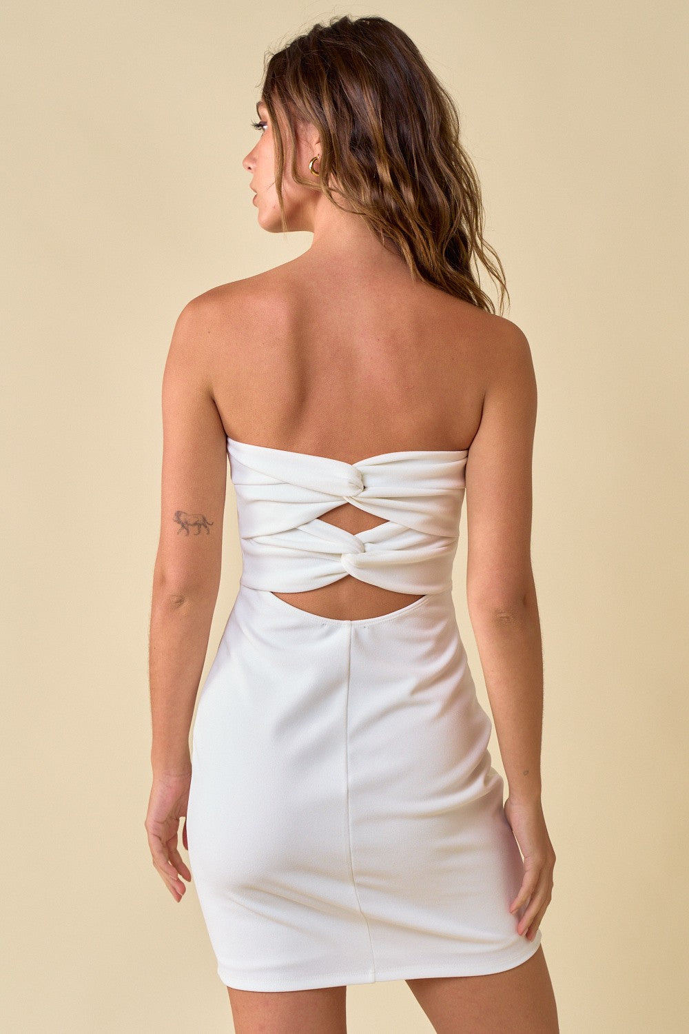 strapless twist back mini dress