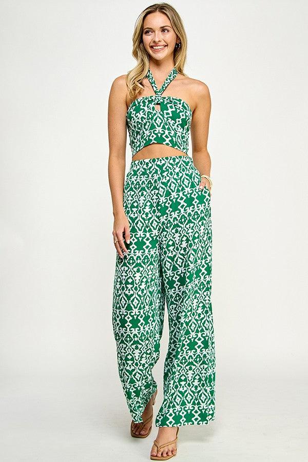 2pc set- print crop halter top & wide leg pant - RK Collections Boutique