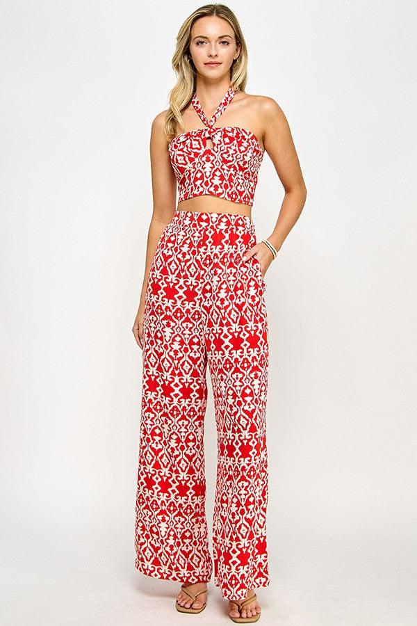 2pc set- print crop halter top & wide leg pant - RK Collections Boutique