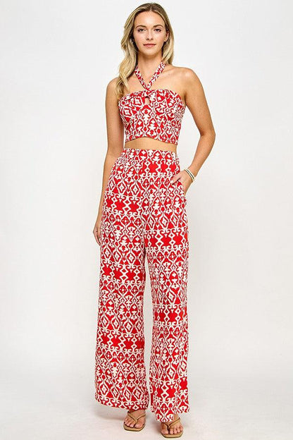 2pc set- print crop halter top & wide leg pant - RK Collections Boutique