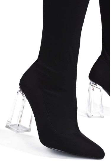 clear block heel over the knee lycra boot