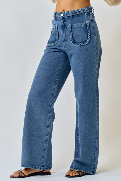 braided patch pocket wide leg jeans