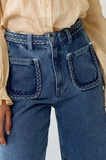 braided patch pocket wide leg jeans