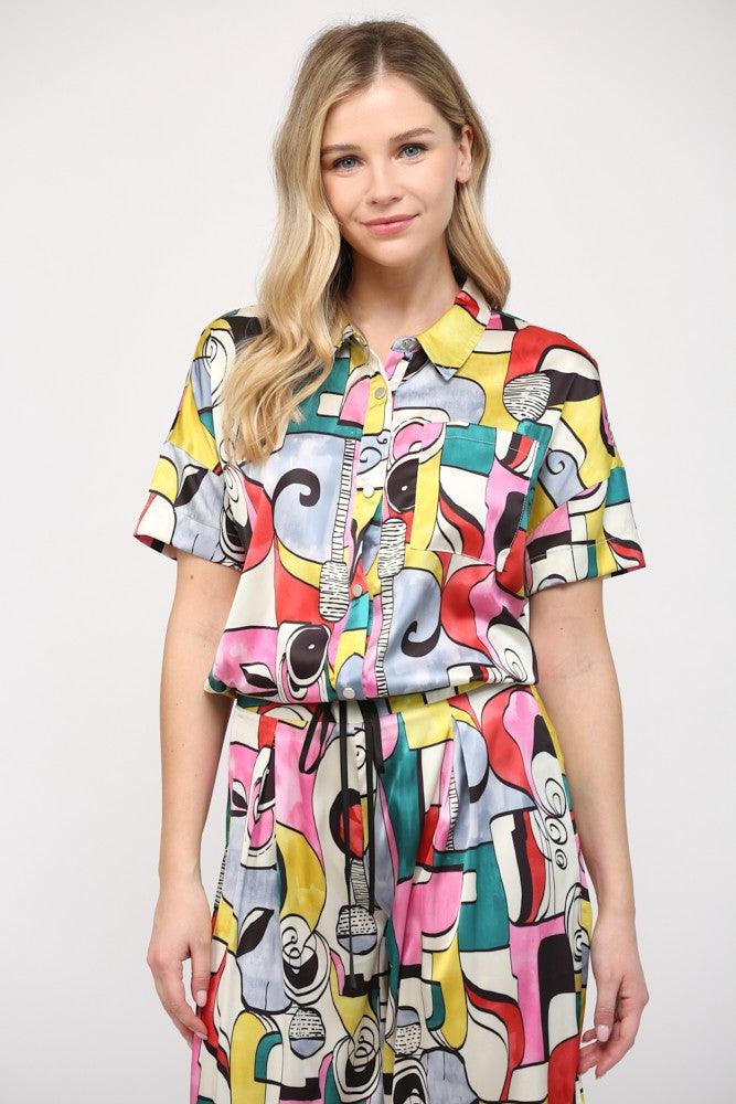 2pc set- print drawstring hem blouse & pant - RK Collections Boutique