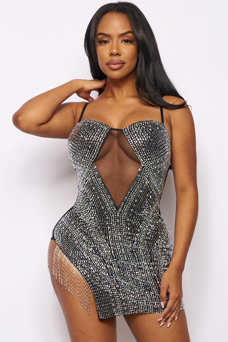 rhinestone fringe sheer panel mini dress - RK Collections Boutique