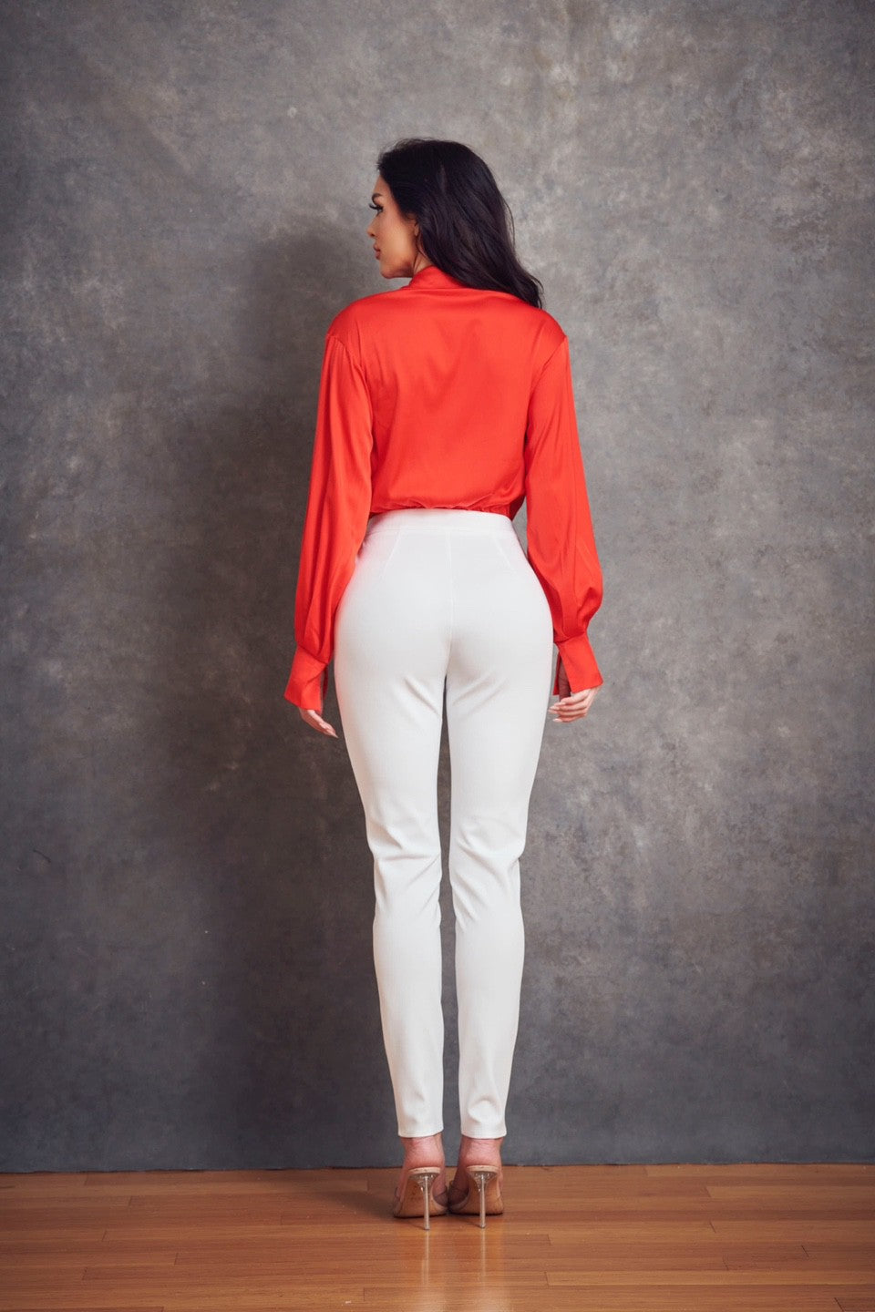 Long Sleeve Low Drape Satin Bodysuit