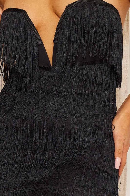 strapless v plunge fringe mini dress - RK Collections Boutique