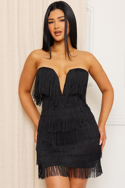 strapless v plunge fringe mini dress - RK Collections Boutique