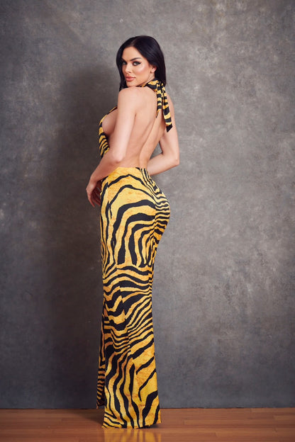 Satin Zebra Print Halter Maxi Dress