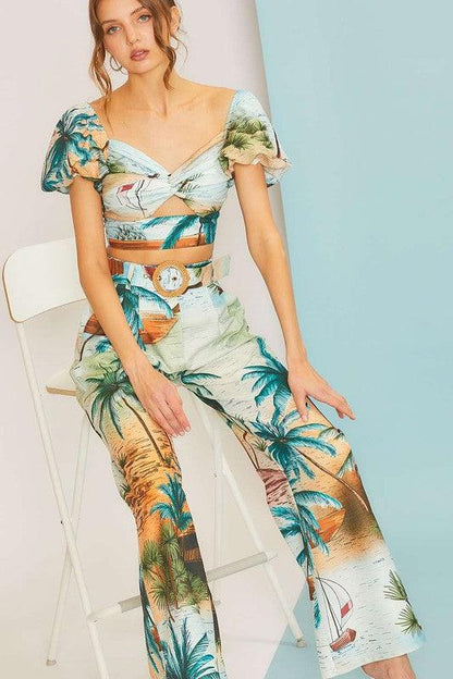 tropical vaca print high waist wide leg pants - RK Collections Boutique