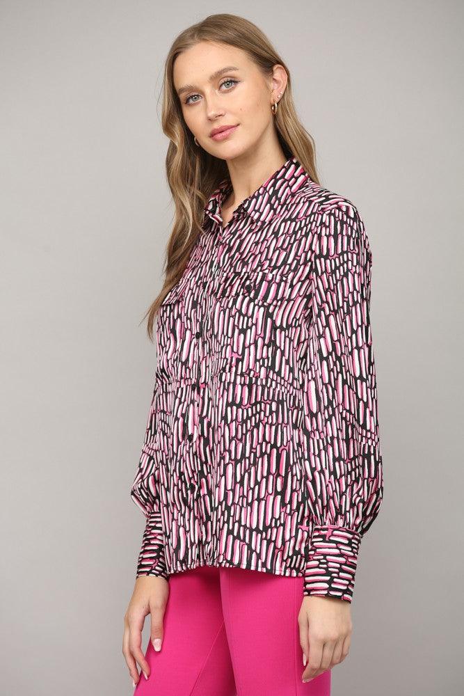 PLUS print satin button down pocket blouse - RK Collections Boutique