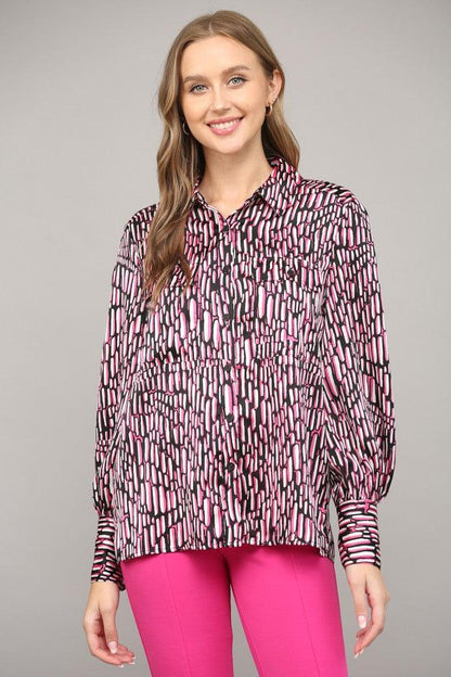 PLUS print satin button down pocket blouse - RK Collections Boutique