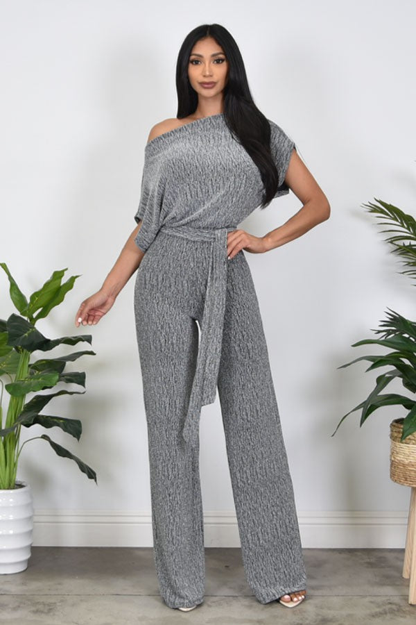 metallic off the shoulder jumpsuit