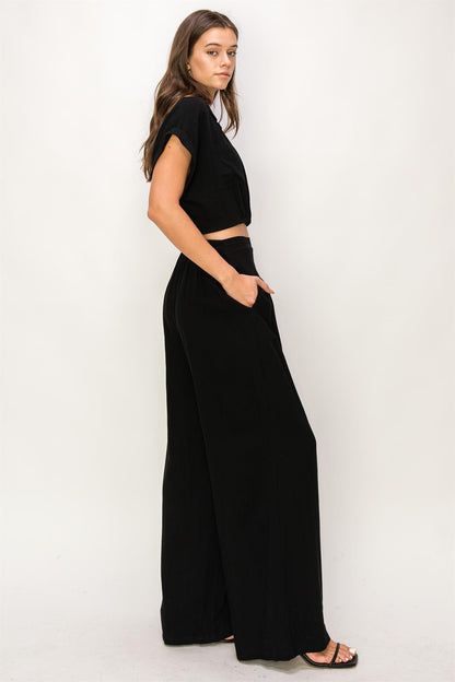 2pc set-surplice crop blouse & pleated high waist pants