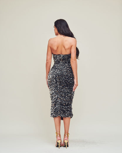 Strapless Velvet Sequin Midi Dress