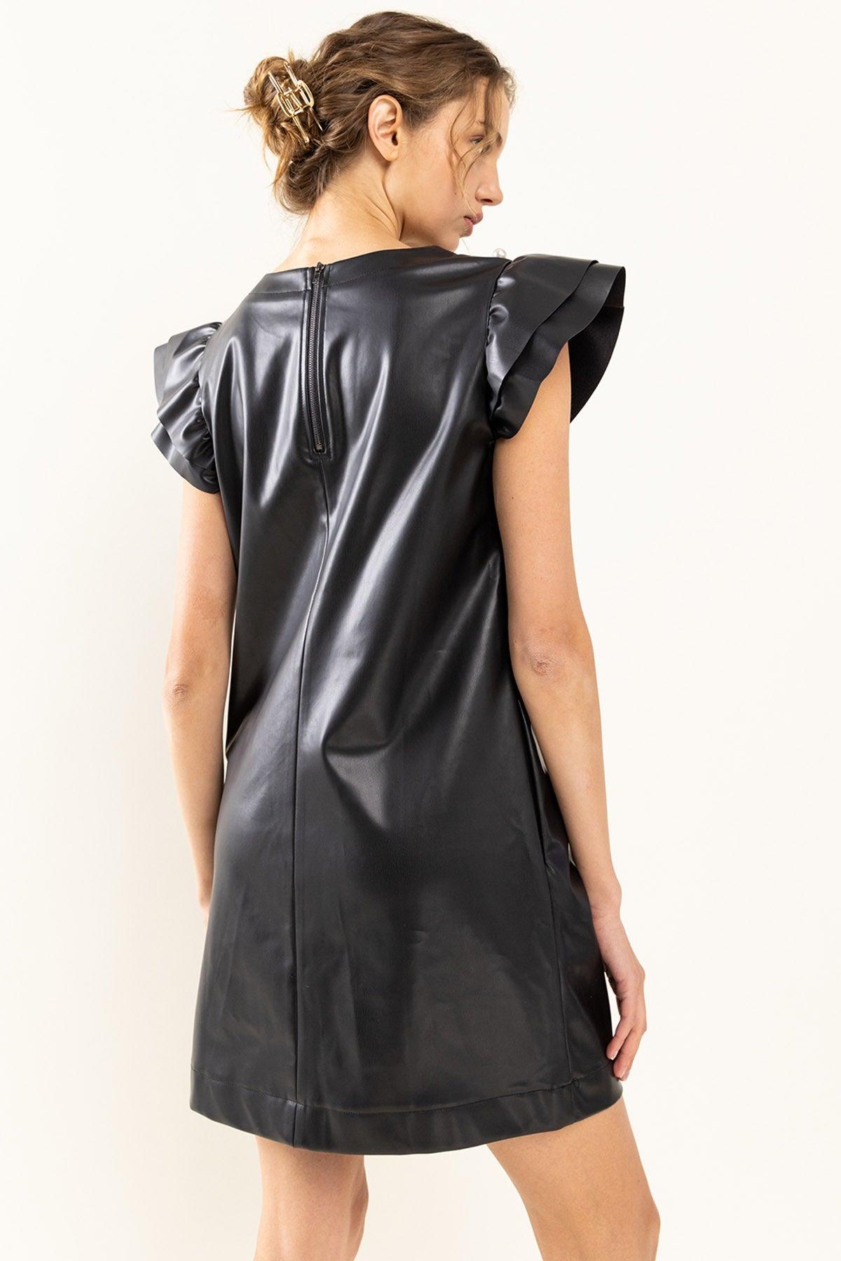 pearl detail faux leather ruffle sleeve sheath dress - RK Collections Boutique