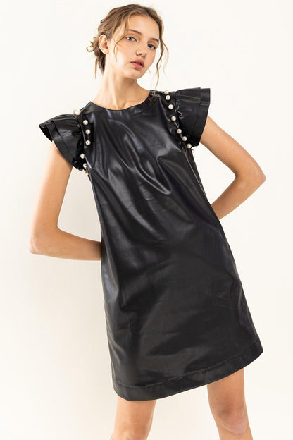 pearl detail faux leather ruffle sleeve sheath dress - RK Collections Boutique