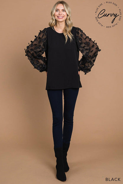 PLUS floral applique sheer long sleeve top - RK Collections Boutique