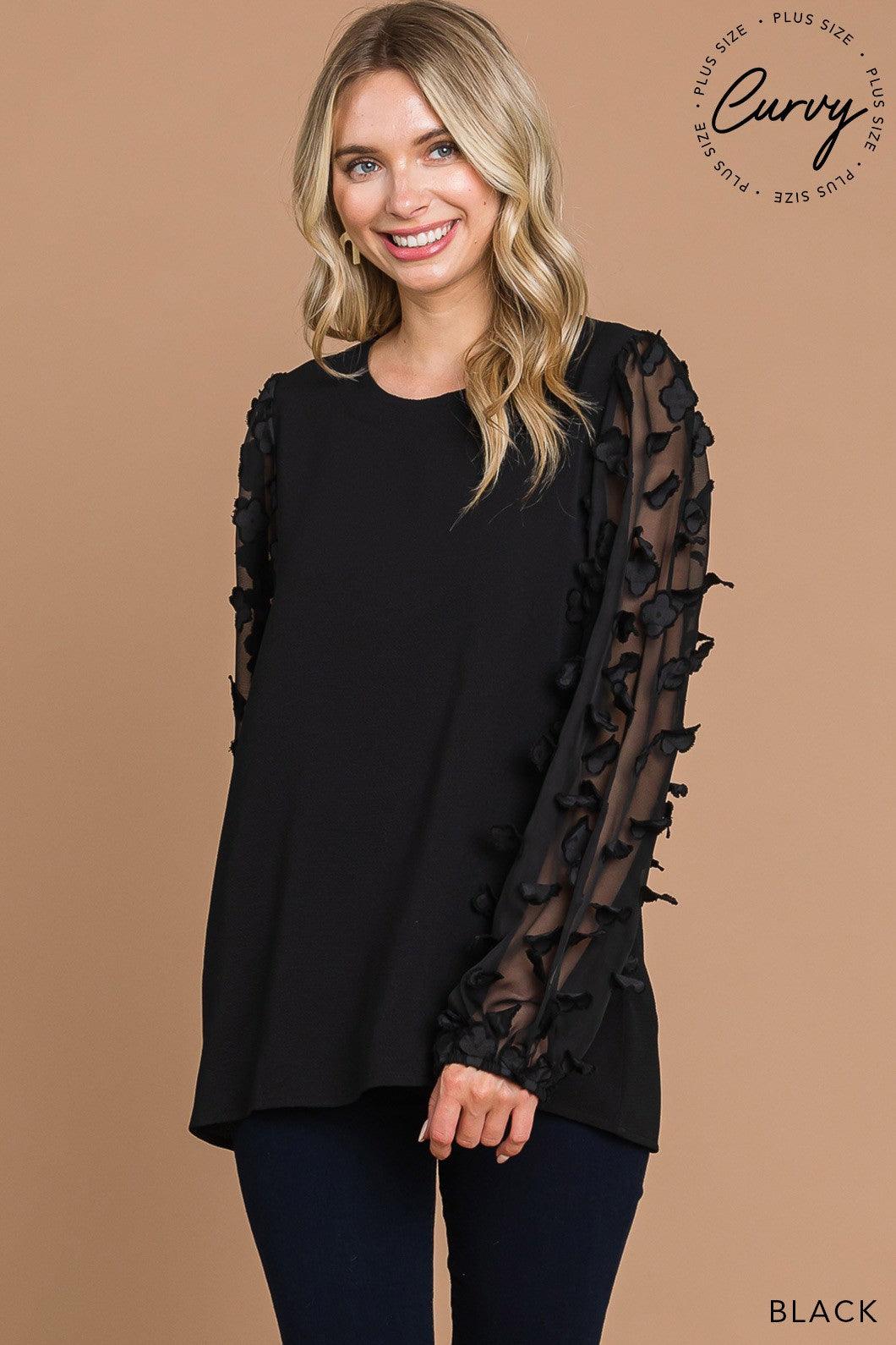 PLUS floral applique sheer long sleeve top - RK Collections Boutique