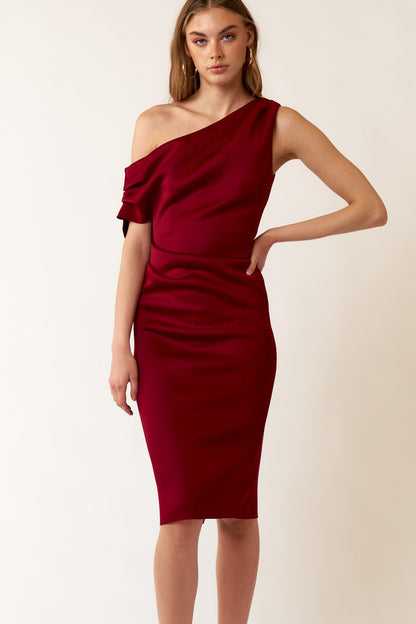 neoprene off one shoulder midi dress