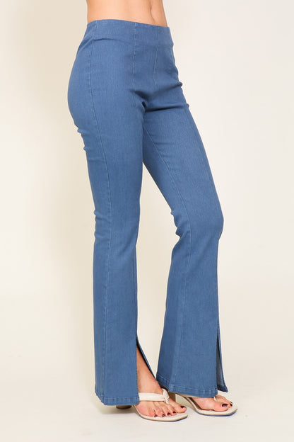 front slit pull on flare denim pants