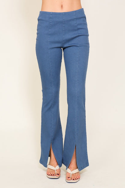 front slit pull on flare denim pants