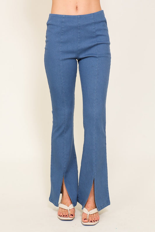 front slit pull on flare denim pants