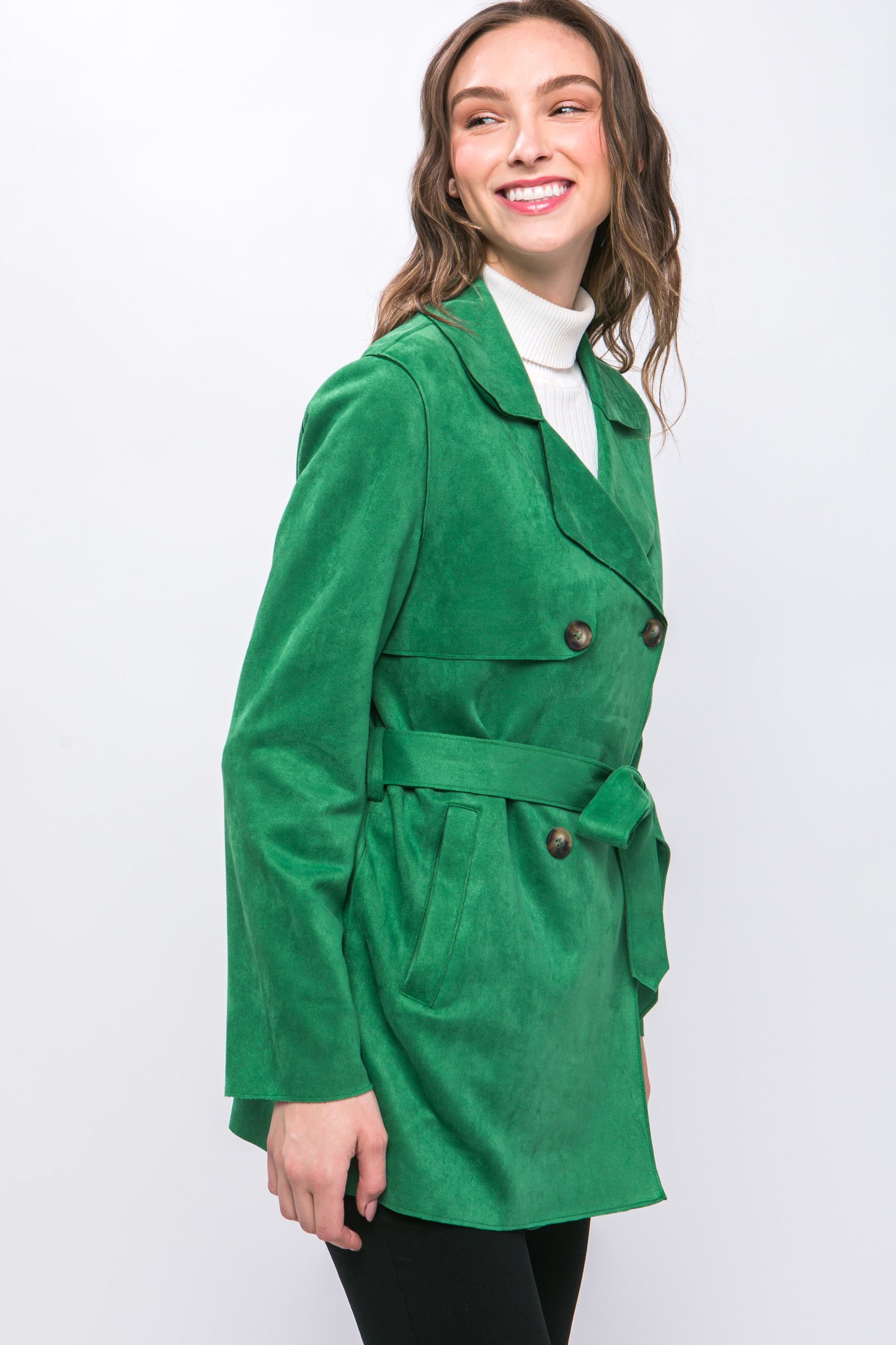 Belted Faux Suede Trench Coat