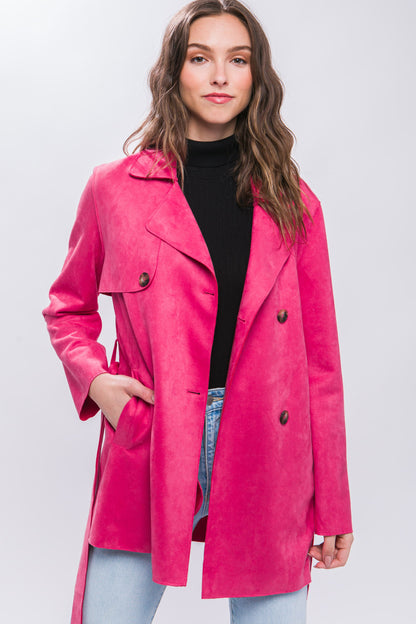 Belted Faux Suede Trench Coat