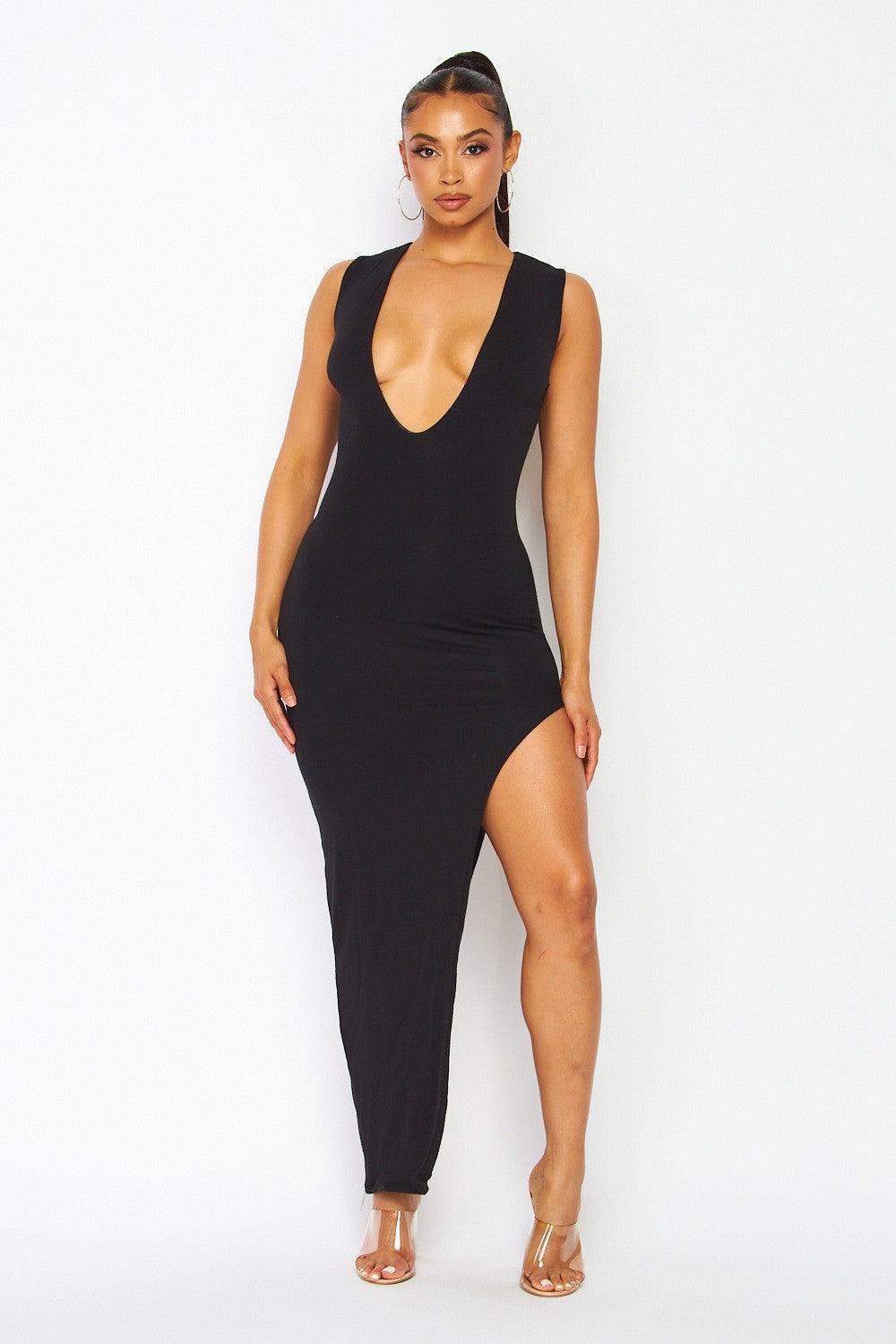 Deep V Neck Side Slit Maxi Dress - RK Collections Boutique