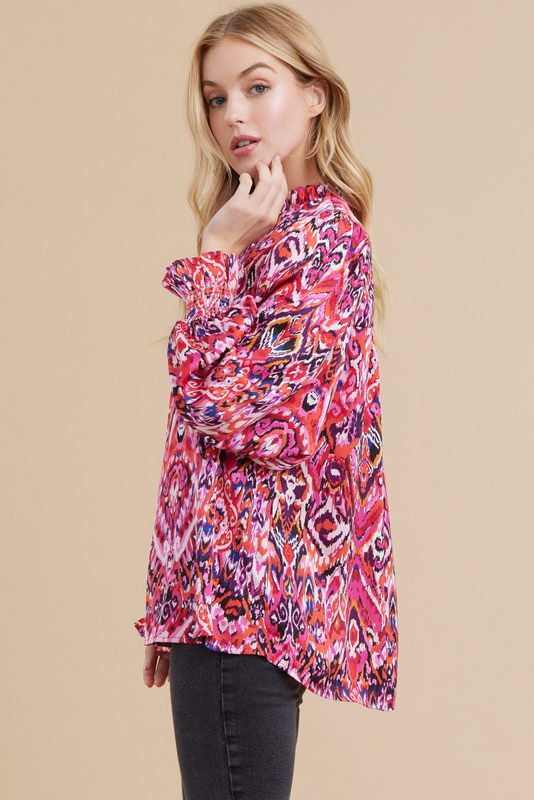 ruffle neck abstract print long sleeve blouse