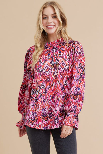 ruffle neck abstract print long sleeve blouse